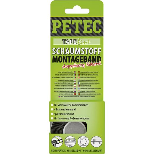 Petec 87122 Schaumstoff-Montageband schwarz 2 m x 12 mm x 1 mm